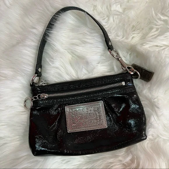 バッグ COACH Poppy Black Leather 2way Y2K Bag Y2K Coach Poppy Collection Glossy Black Patent Leather